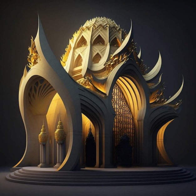 Un modelo 3d de un edificio con techo dorado.