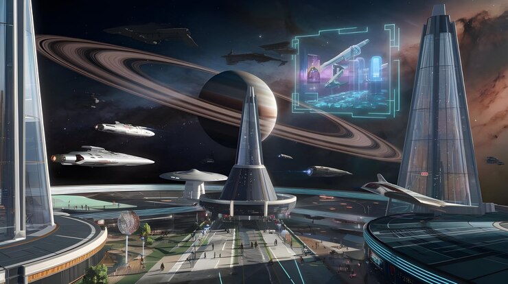 un modelo 3D de una estación espacial con una nave espacial en el fondo