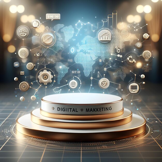 Modelo 3D fotorrealista con podio de impresión 3D con un fondo borroso o bokeh de objeto en capas Cr