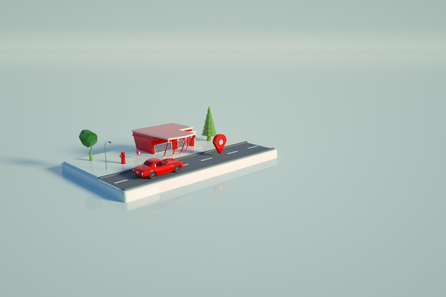 Modelo 3D de una gasolinera roja. Objeto de una gasolinera roja para coches sobre un fondo blanco aislado, de pie sobre la plataforma. Vista superior, vista lateral