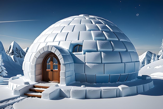 Modelo 3D de un iglú en la montaña con puerta de madera