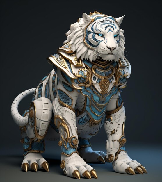 Modelo 3D de juguete de tigre blanco con armadura blanca y dorada un pasatiempo interesante para los niños