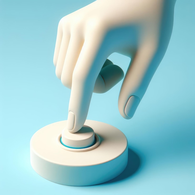 Foto modelo 3d de la mano humana presionando un botón ilustración 3d de formas suaves con delicados colores pastel