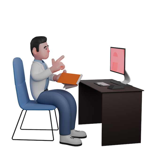 Modelo 3D de un médico masculino tomando notas en la atención médica profesional por computadora