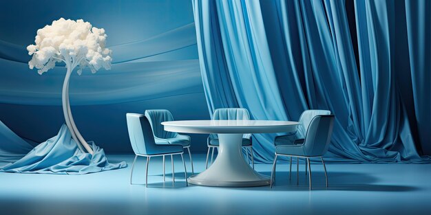 Modelo 3D de mesa redonda con lámpara y mantel azul telón de fondo mesa redonda y sillas azules flujo libre