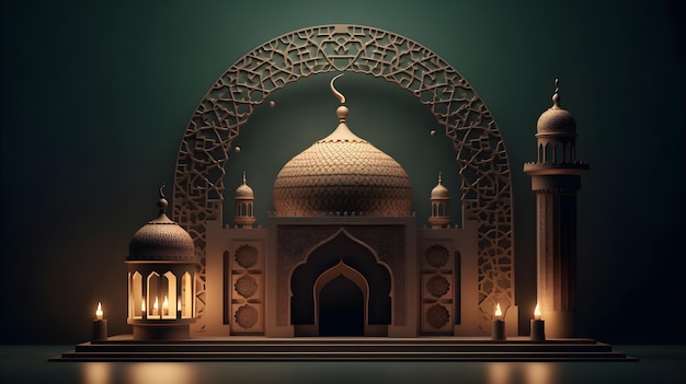 Un modelo 3d de una mezquita con una mezquita en el fondo tecnología generativa de ai