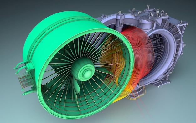 Un modelo 3d de un motor a reacción con un ventilador verde