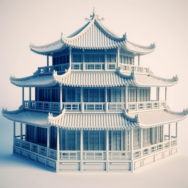 Un modelo 3d de una pagoda con un techo que tiene un techo que tiene un techo que tiene un diseño de techo.