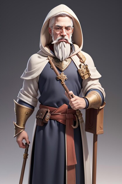 Modelo 3D de personaje de abuelo con fondo de papel tapiz de forma de dibujos animados de rol de juego virtual de bastón