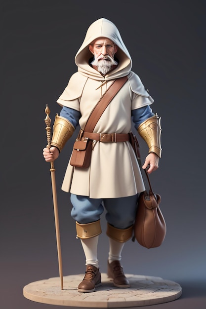 Modelo 3D de personaje de abuelo con fondo de papel tapiz de forma de dibujos animados de rol de juego virtual de bastón