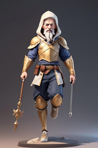 Modelo 3D de personaje de abuelo con fondo de papel tapiz de forma de dibujos animados de rol de juego virtual de bastón