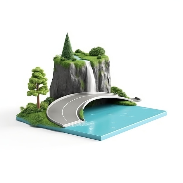 Un modelo 3d de un puente con una cascada y una montaña.