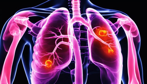 Un modelo 3D de los pulmones humanos con manchas rojas