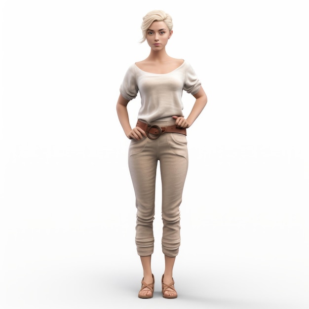 Modelo 3D realista de figura de moda feminina com calças castanhas e camiseta branca