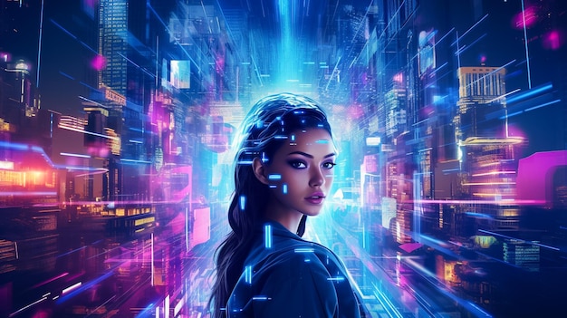 Modelo 3D realista de um ciborgue humano em um mundo cibernético futurista Mulher Cyberpunk gerada por Ai