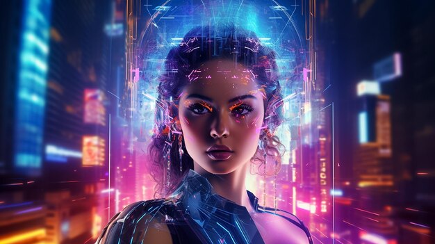 Modelo 3D realista de um ciborgue humano em um mundo cibernético futurista Mulher Cyberpunk gerada por Ai