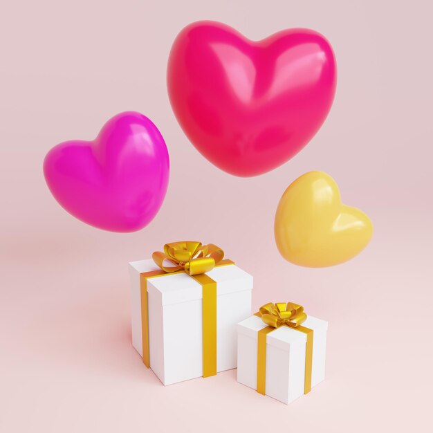 Modelo 3d de regalos con globos en forma de corazón. Gráficos de computadora.