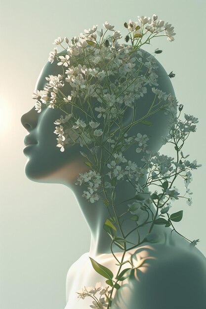 Foto modelo 3d simplificado de um perfil de mulher com motivos florais crescendo de seu cabelo