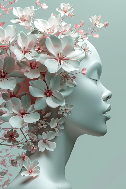 Foto modelo 3d simplificado de um perfil de mulher com motivos florais crescendo de seu cabelo