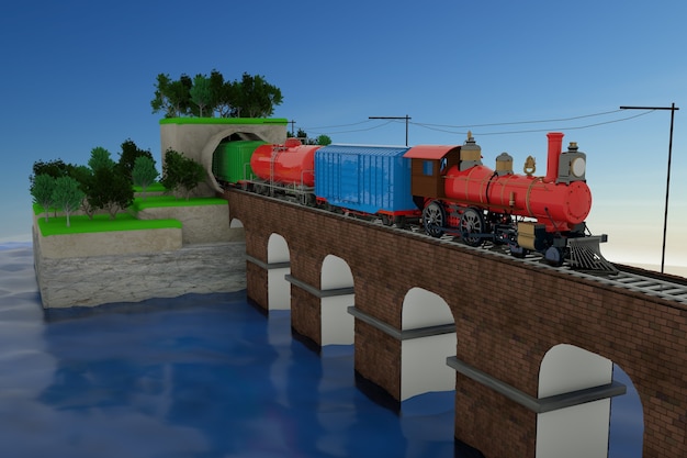 Modelo 3D de un tren que sale del túnel. Entrene con coches en el puente del ferrocarril. Tren de mercancías sobre rieles