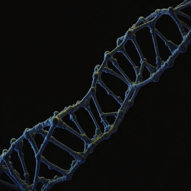 Modelo de ADN blanco y azul sobre un fondo negro