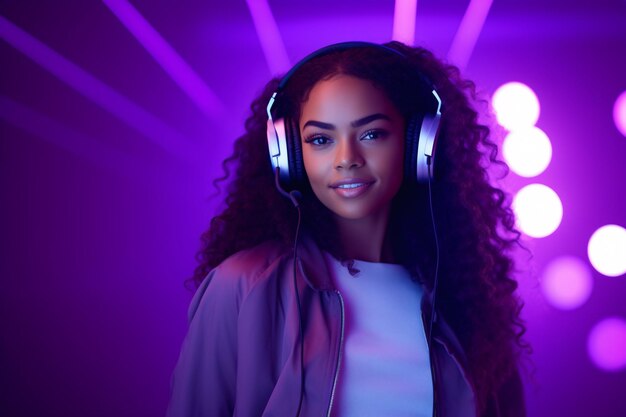 Un modelo adolescente afroamericano de moda con audífonos bailando música de DJ con luces de neón moradas disfrutando de melodías geniales