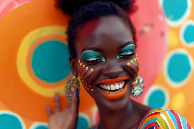 Modelo africano alegre com maquiagem colorida