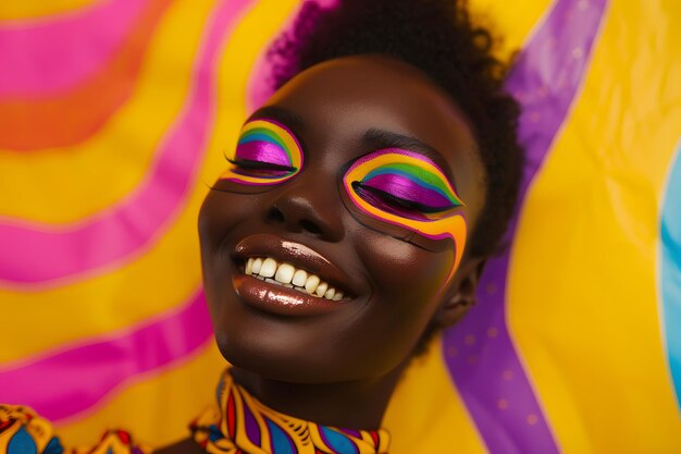 Modelo africano alegre com maquiagem colorida