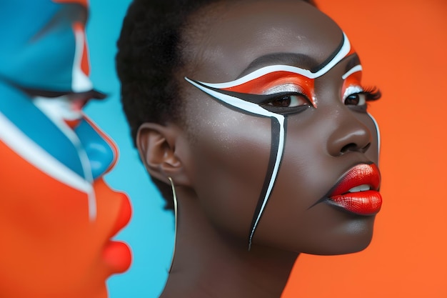 Modelo africano de alta moda con delineador de ojos gráfico