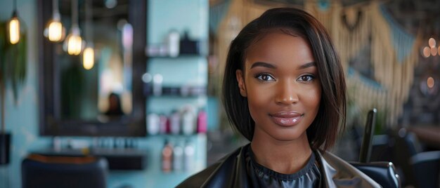 Modelo afro-americana com cabelo liso e ondulado em um interior de salão moderno