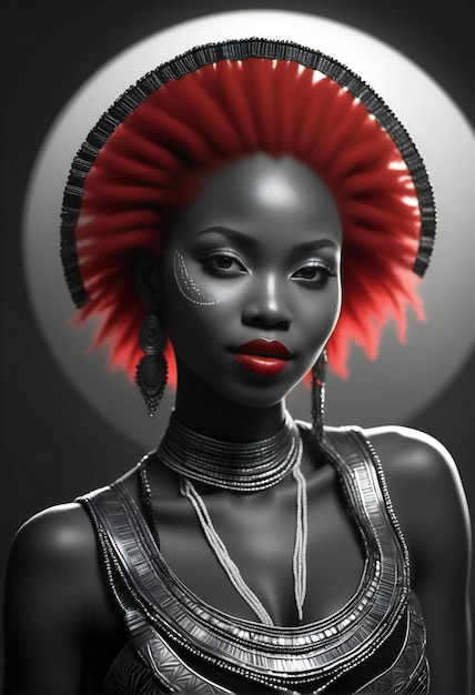 Una modelo afroamericana con un tocado rojo