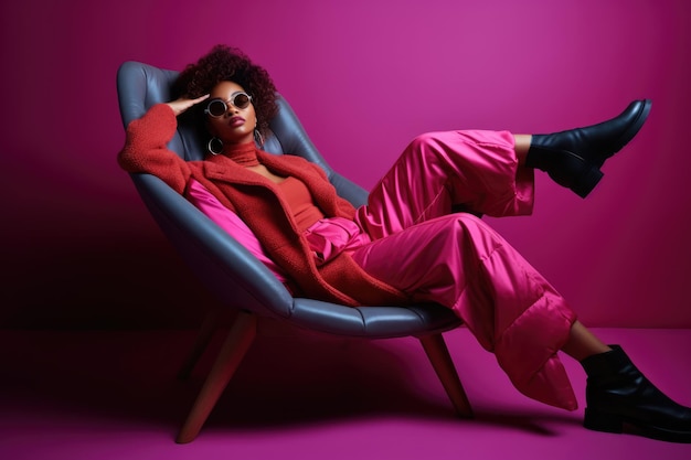 Foto modelo afroamericano elegante sentado en una silla mujer hermosa en colores brillantes