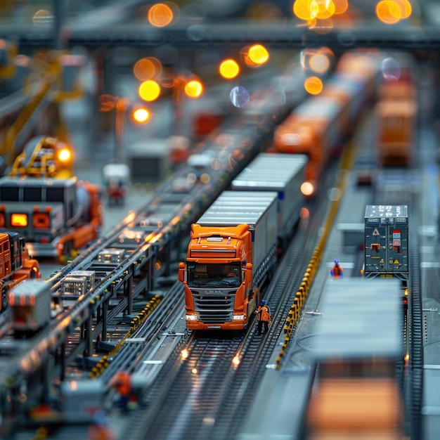 Modelo de almacén en miniatura detallado Camiones pequeños Sistemas automatizados Indicadores digitales