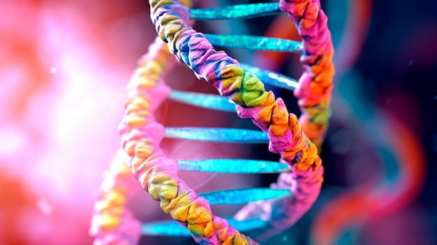 Modelo ampliado de hélice de ADN en colores y puntos brillantes IA generativa
