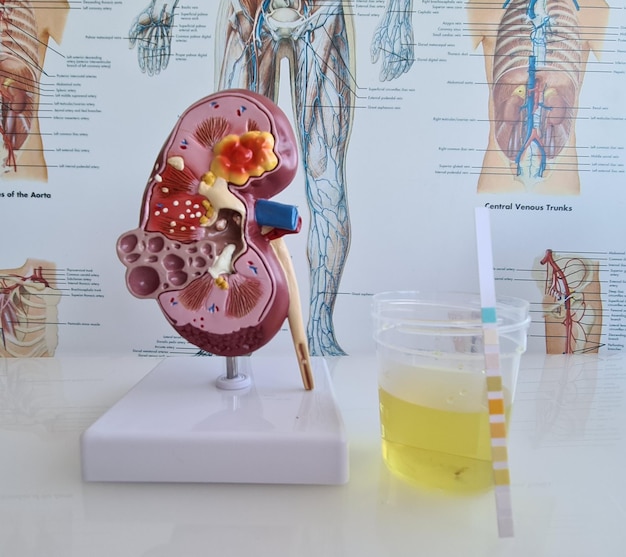 Modelo de anatomía renal y fisiología del tracto urinario y análisis de orina.