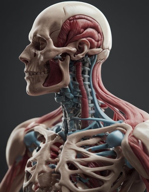 Modelo anatómico del cuerpo humano en la sala de clase sobre fondo blanco Parte del modelo del cuerpo humano con sistema de órganos Modelo muscular humano Concepto de educación médica