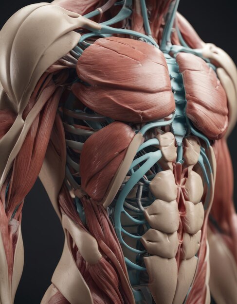 Foto modelo anatómico del cuerpo humano en la sala de clase sobre fondo blanco parte del modelo del cuerpo humano con sistema de órganos modelo muscular humano concepto de educación médica