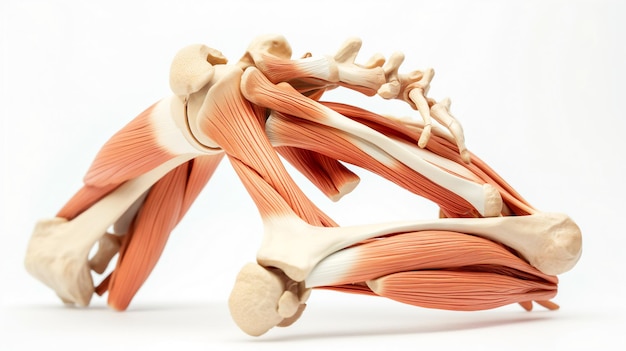 Modelo anatômico da estrutura muscular humana do ombro mostrando ossos e fibras musculares