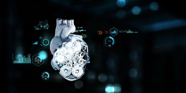 Modelo anatômico de coração feito com engrenagens e peças mecânicas, fundo de placa digital