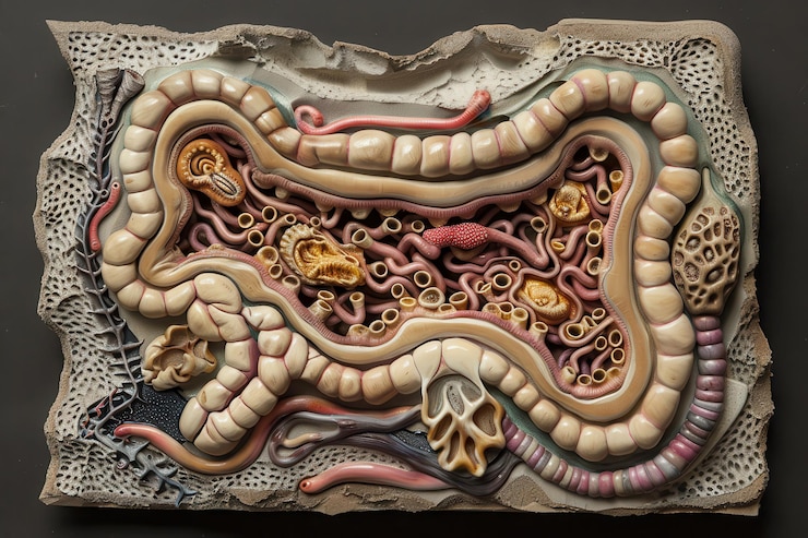Foto modelo anatômico detalhado mostrando o sistema digestivo humano destacando o intestino delgado e grosso estômago e órgãos associados em um ambiente educacional
