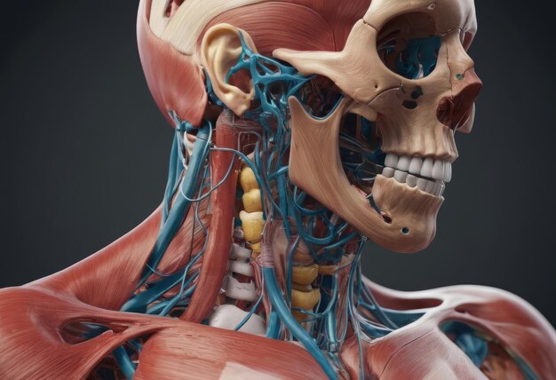 Modelo anatômico do corpo humano na sala de aula em fundo branco Parte do modelo do corpo humano com sistema de órgãos Modelo muscular humanoConceito de educação médica