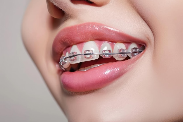 modelo con un aparello dental y una superposición de dientes en su boca