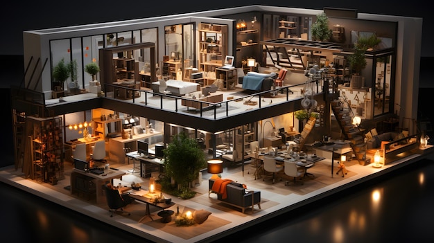 modelo arafed de uma casa com móveis e iluminação IA generativa