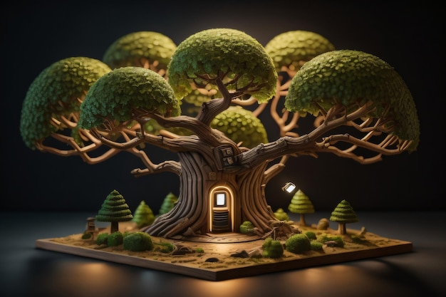 Un modelo de un árbol con una casa y un bosque.