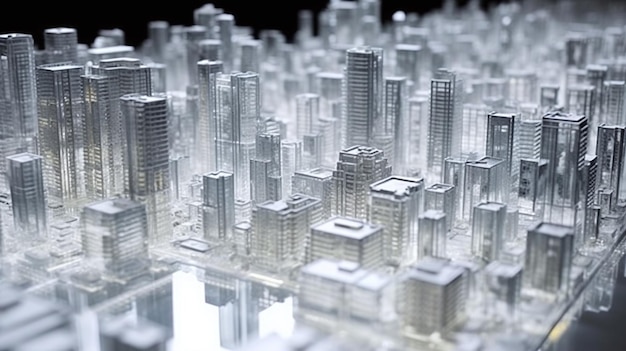 Modelo arquitectónico hiperdetallado de paisaje urbano futurista con fondo de vidrio de cambio de inclinación