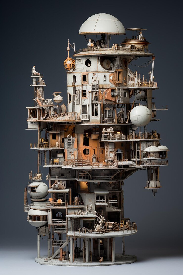 Foto un modelo arquitectónico de plástico india detalles de estilo scifi gris sin color en una base de madera