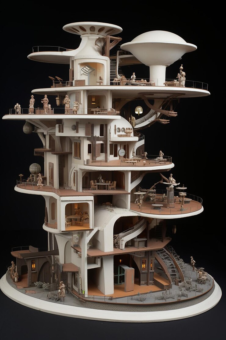 Foto un modelo arquitectónico de plástico india detalles de estilo scifi gris sin color en una base de madera