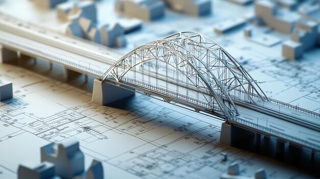 Modelo arquitectónico del puente sobre el fondo de los planos en 3D