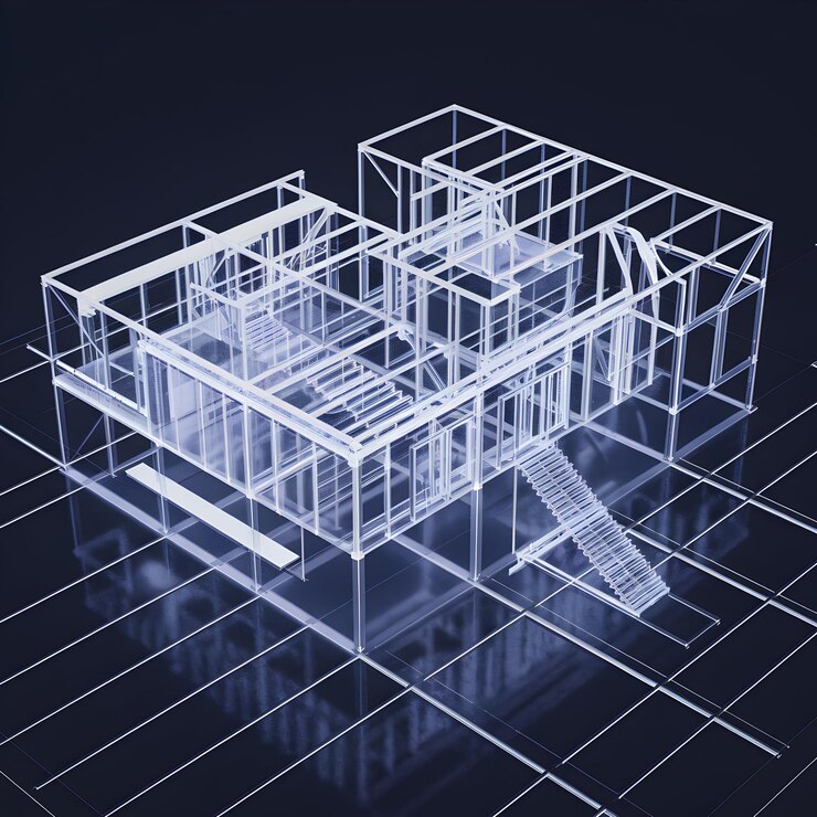 Foto modelo arquitectónico tridimensional de un edificio con una estructura de alambre transparente para socia