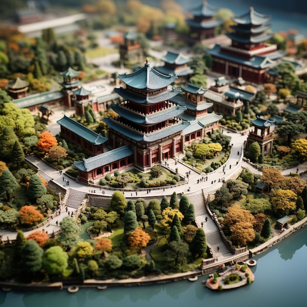 Modelo de arquitectura china en miniatura con árboles y un lago